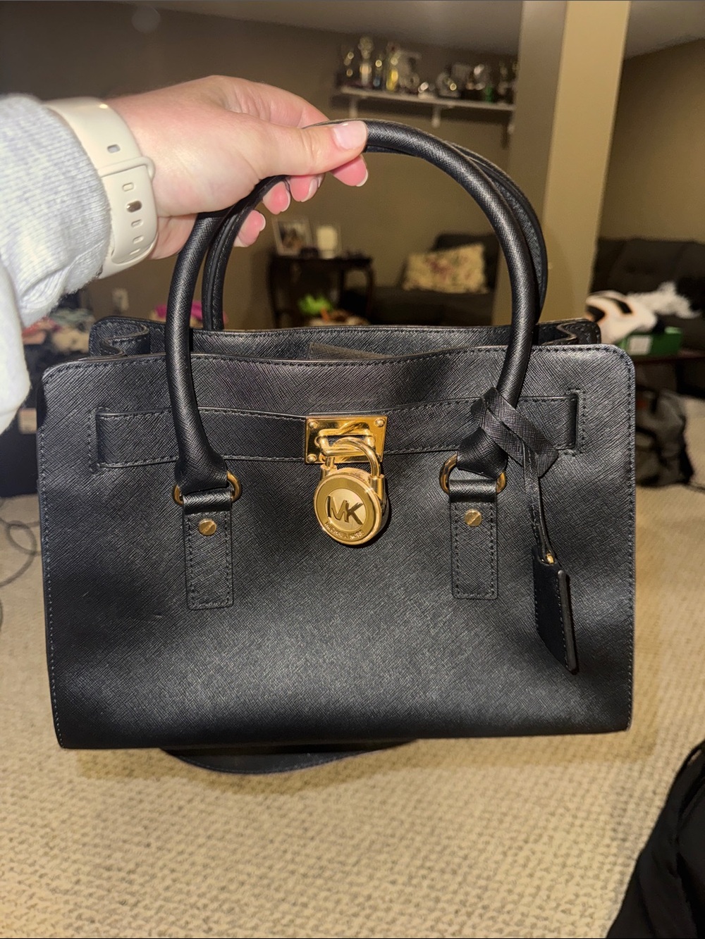 Michael Kors Black Saffiano Satchel with Gold Hardware and MK Lock